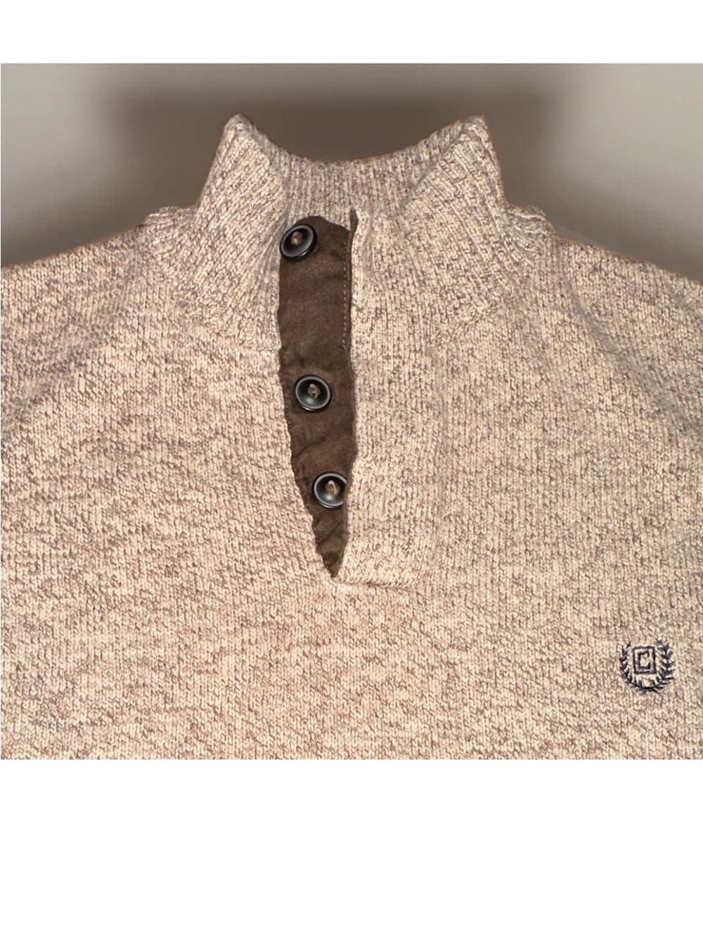 VTG Chaps Sweater Mens L Oatmeal Tan Knit Button Mock Neck Elbow Patch Y2K Coppy - Picture 2 of 5